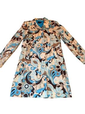 Retro DStudio Floral Print Blue & Brown A-Line Coat